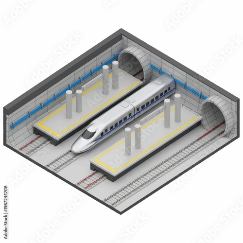 Isometric View of High-Speed Train in Underground Station.