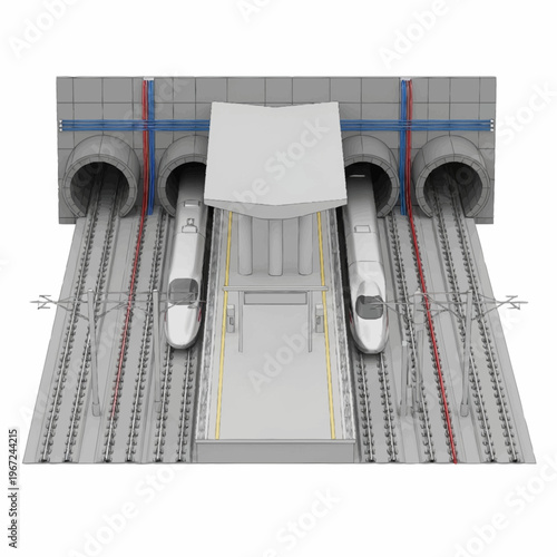 High-Speed Train Station with Modern Design and Tunnel Access.