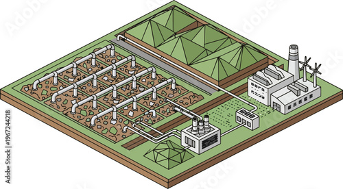 Isometric Illustration of a Waste-to-Energy Plant and Biogas Methane Capture Facility for Renewable Energy Production