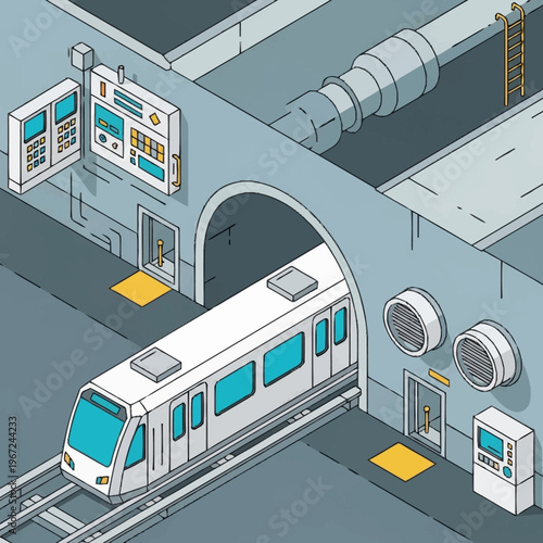 Isometric Subway Station Scene with Modern Train Illustration.