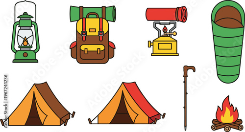Camping Gear Icons Set Featuring Lantern, Backpack, Tent, Sleeping Bag, Campfire, Stove, and Walking Stick for Outdoor Adventure Designs