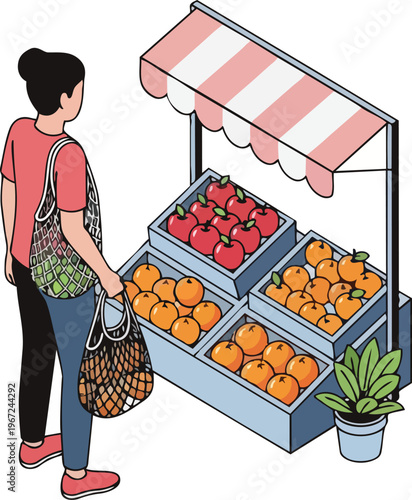 Isometric Illustration of a Woman Shopping at a Local Fruit Market Stall with Reusable Eco-friendly Mesh Bags