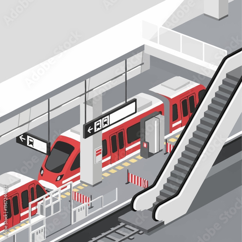 Isometric Train Station Scene with Escalator and Red Train.
