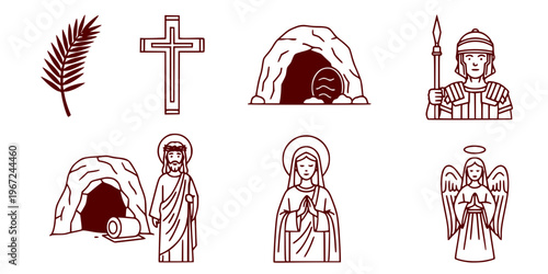 Christian religion line icon set. Cross, bible, christmas, easter, dove 
