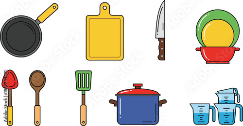Cooking Tools Icons Set Featuring Pan, Knife, Cutting Board, Spoon, Spatula, Pot, Measuring Cups, and Bowl for Kitchen and Culinary Designs