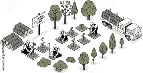 Sustainable Forestry and Reforestation Isometric Illustration with Workers Planting Trees for Certified Eco-Friendly Timber Production