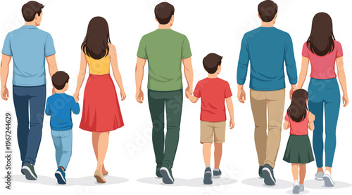 Three families walking together holding children’s hands, parental care concept, family unity illustration, casual lifestyle silhouettes, togetherness and love representation in society