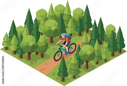 Isometric Mountain Biker Illustration - Low Poly Forest Trail Vector for Outdoor Adventure and Cycling