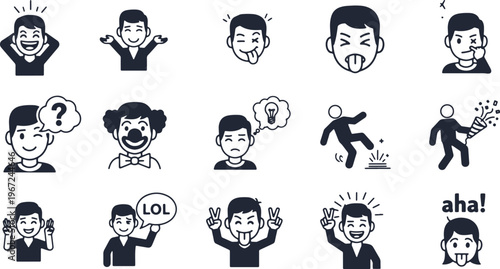 Collection of various cartoon icons showing different facial expressions and human emotions.