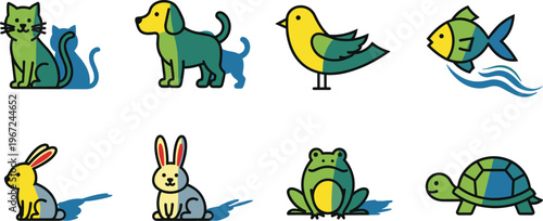 Cute Animal Cartoon Set Featuring Cat, Dog, Bird, Fish, Rabbit, Frog, and Turtle for Kids' Learning, Activity, and Educational Designs