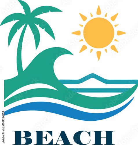 Summer beach icon with sun, sea, and palm tree in a tropical paradise scene