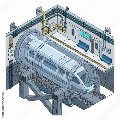 Isometric View of a Futuristic Hyperloop Train and Station.