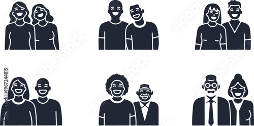 A collection of six black and white icons depicting diverse pairs of people laughing together.