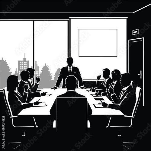 High stakes boardroom meeting a dramatic black and white illustration