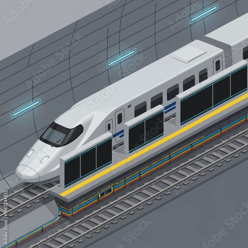 Isometric High-Speed Train Illustration at Station Platform.