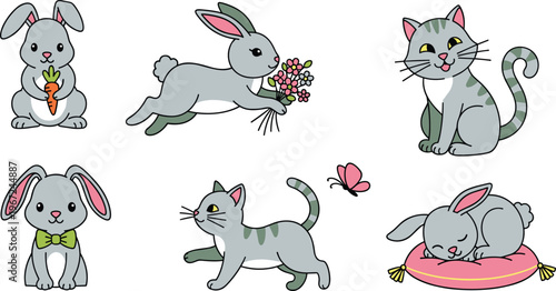 Cute Bunny and Cat Cartoon Set Featuring Playful Poses, Flowers, and Sleepy Time Scenes for Kids' Learning and Fun Activity Books