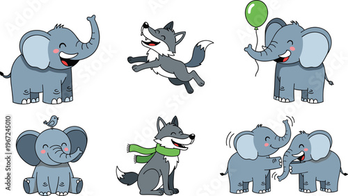 Cute Elephant and Wolf Cartoon Set Featuring Fun Animal Interactions, Balloons, Scarves, and Playful Poses for Kids' Learning and Activity Books