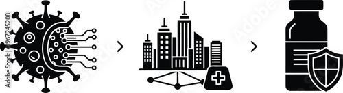 Vector of Virus research and urban healthcare infrastructure icons in flat black vector design