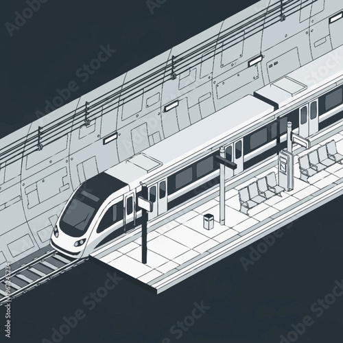 Isometric Illustration of a Modern Subway Train at Station.