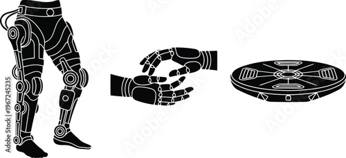 Vector of Advanced bionic prosthetics and robotic rehabilitation technology icons in black style