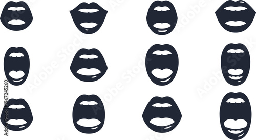 Collection of twelve black and white mouth silhouettes in various open positions for speech animation.