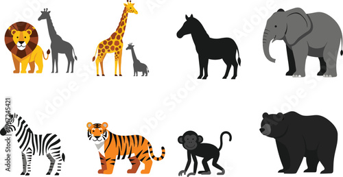 Cartoon Jungle Animal Vector Set Featuring Lion, Giraffe, Elephant, Zebra, Tiger, Monkey, and Bear for Kids’ Educational Materials and Learning Activities