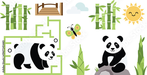 Cute Panda and Bamboo Forest Vector Set Featuring Bridge, Butterfly, Sun, and Maze for Kids' Learning and Fun Activity Books