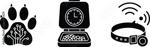 Vector of Smart pet care and animal health monitoring technology icons for veterinary clinics
