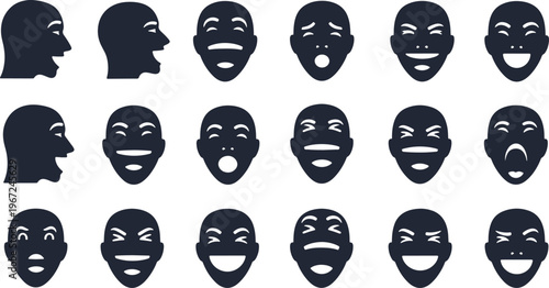 Black silhouette set of human faces displaying various laughing and joyful facial expressions.