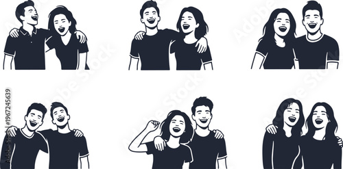 Set of six black and white illustrations featuring pairs of young people laughing and having fun