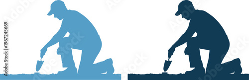 Silhouette of a man in two different shades of blue working on the ground