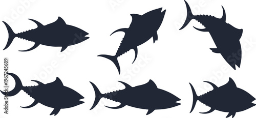 Six detailed black silhouettes of tuna fish swimming in various poses on a white background