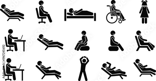 Human body posture icons, sitting standing reclining positions, ergonomics symbols, office lifestyle, healthcare mobility, wheelchair, daily activities, vector illustration set
