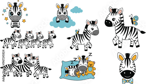 Cute Zebra Baby Cartoon Set Featuring Sleepy, Playful Zebras with Butterflies, Stars, and Teddy Bears for Kids’ Learning and Activity Books