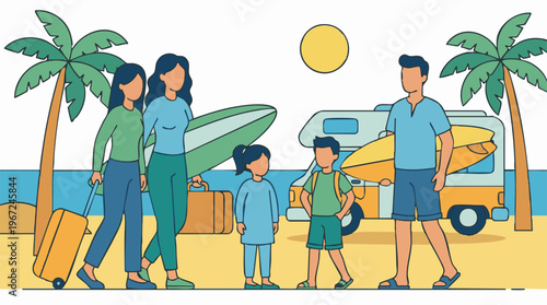 Family enjoying a summer beach vacation with camper van and surfboards