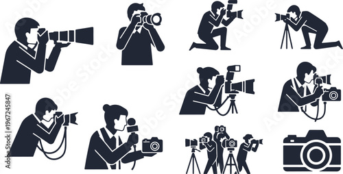 Silhouette set of photographers and paparazzi in various poses with professional cameras