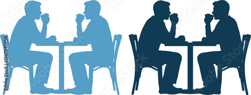 Silhouettes of businessmen sitting at tables drinking coffee