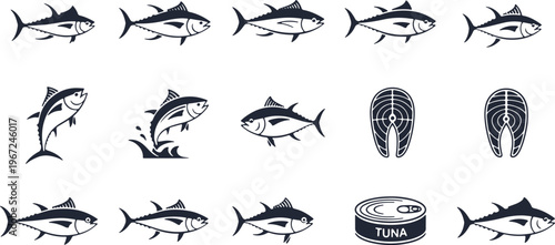 Various black and white tuna fish icons featuring whole fish, jumping fish, steaks and a can