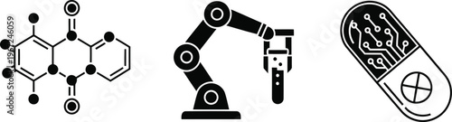 Vector of Biotechnology research and robotic pharmaceutical manufacturing technology icons