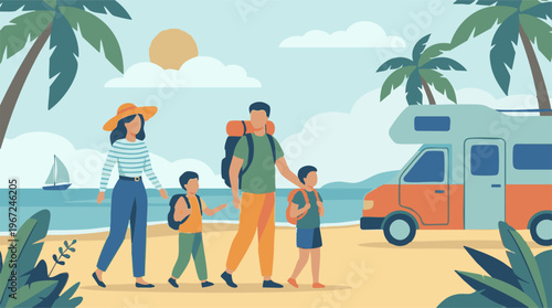 Family on a beach vacation with an RV, summer travel illustration