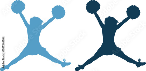 Two cheerleaders in blue silhouettes jumping with pom poms