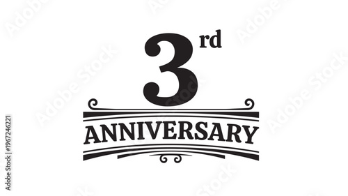 Number 3 with the word Anniversary in black stylized text, celebrating a third anniversary occasion featuring celebration, 3rd, numeral with white