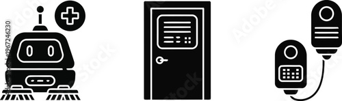 Vector of Medical robotics and automated hospital equipment icons set in flat black vector style