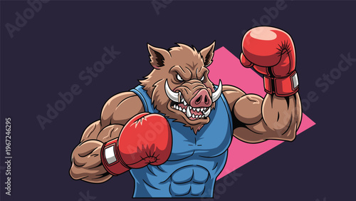 Fierce muscular wild boar boxer wearing red gloves and a blue wrestling singlet displays his strength with an intense fighting stance.