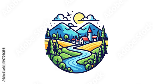 Scenic illustration of a village nestled in a vibrant landscape with a river