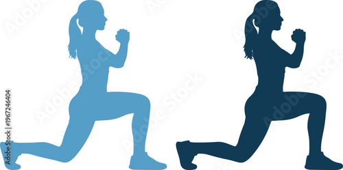 Two women in blue silhouette doing lunges exercise with dumbbells