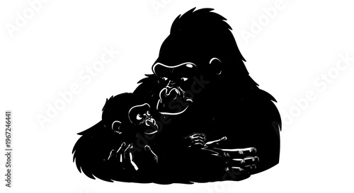 A heartwarming silhouette of a gorilla with a baby