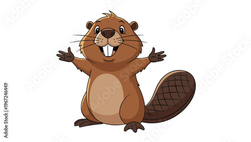 Cheerful brown beaver stands with open arms and a wide smile showing its large white front teeth in a cartoon mascot design.