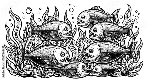 A School of Fierce-Looking Fish Swimming Together Underwater