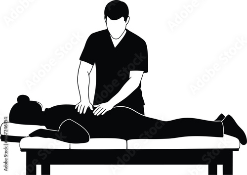 Acupuncture treatment silhouette of practitioner applying needles to a patient's back